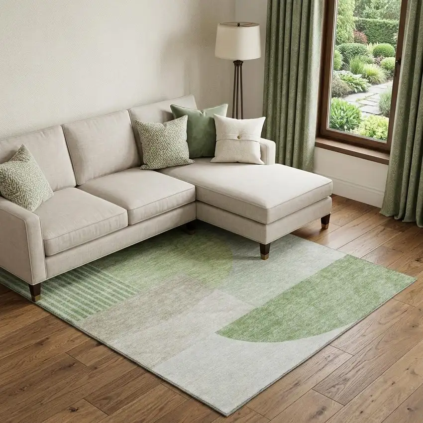 Olive Green And Beige Geometric Washable Area Rug With UV Protection Photo 1