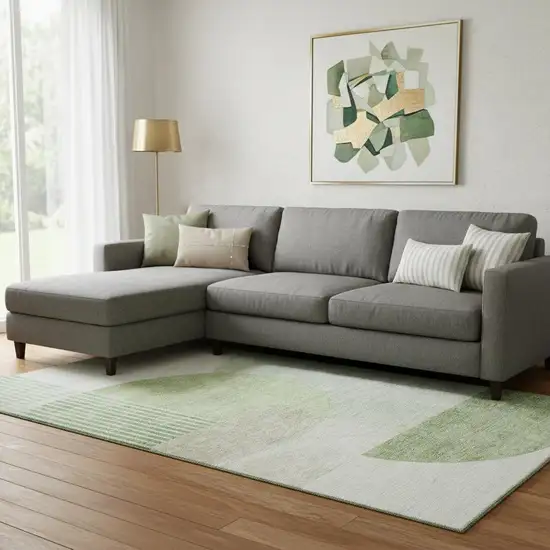 Olive Green And Beige Geometric Washable Area Rug With UV Protection Photo 1