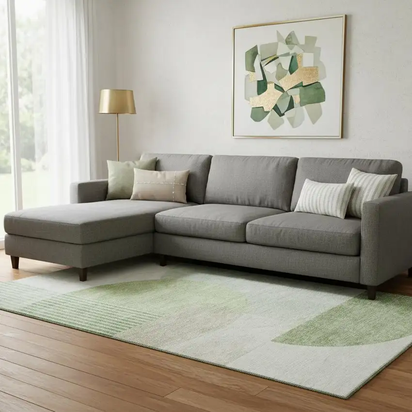 Olive Green And Beige Geometric Washable Area Rug With UV Protection Photo 1