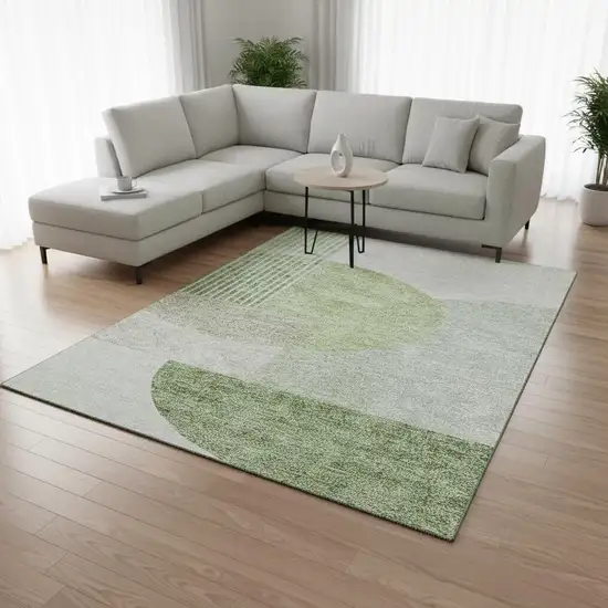 Olive Green And Beige Geometric Washable Area Rug With UV Protection Photo 3