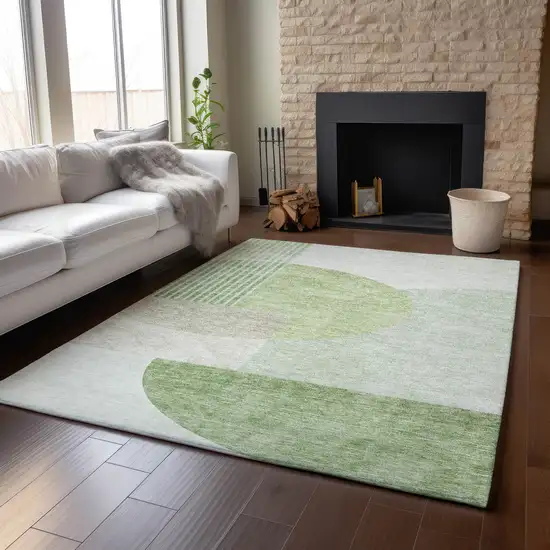 Olive Green And Beige Geometric Washable Area Rug With UV Protection Photo 5