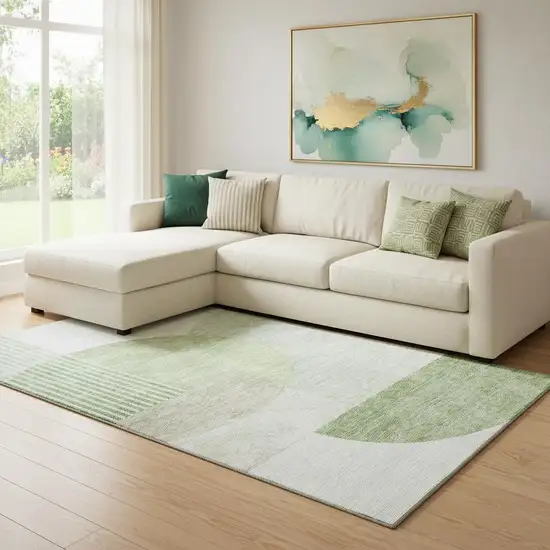 Olive Green And Beige Geometric Washable Area Rug With UV Protection Photo 1