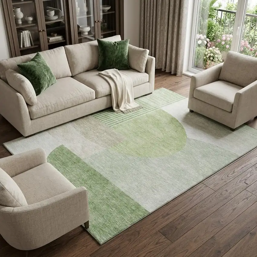 Olive Green And Beige Geometric Washable Area Rug With UV Protection Photo 1
