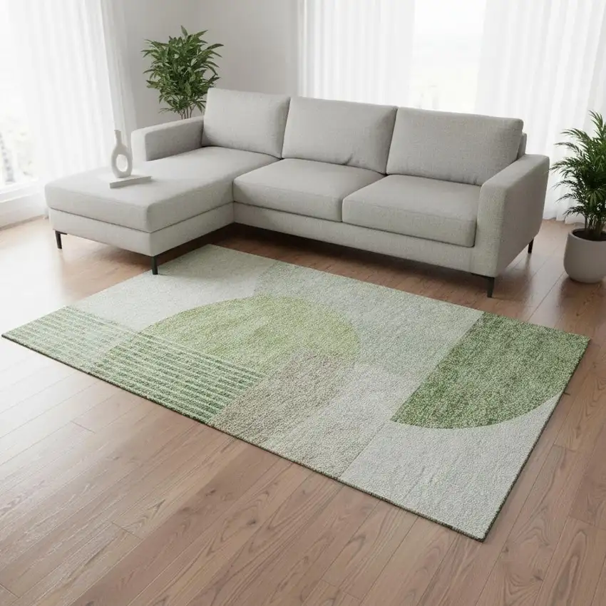 Olive Green And Beige Geometric Washable Area Rug With UV Protection Photo 1