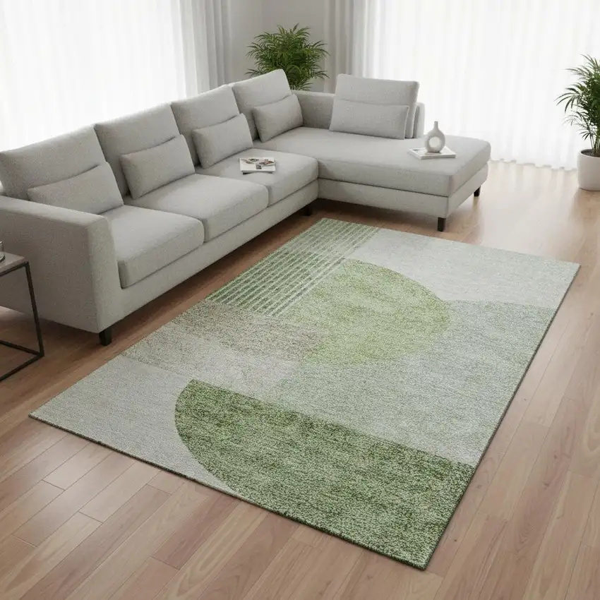 Olive Green And Beige Geometric Washable Area Rug With UV Protection Photo 3
