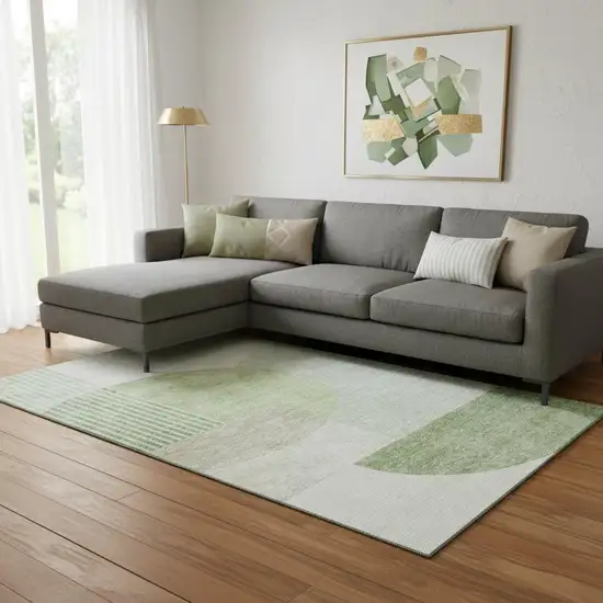 Olive Green And Beige Geometric Washable Area Rug With UV Protection Photo 1