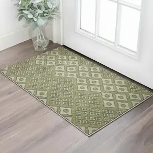 Photo of Olive Green And Beige Geometric Washable Area Rug With UV Protection