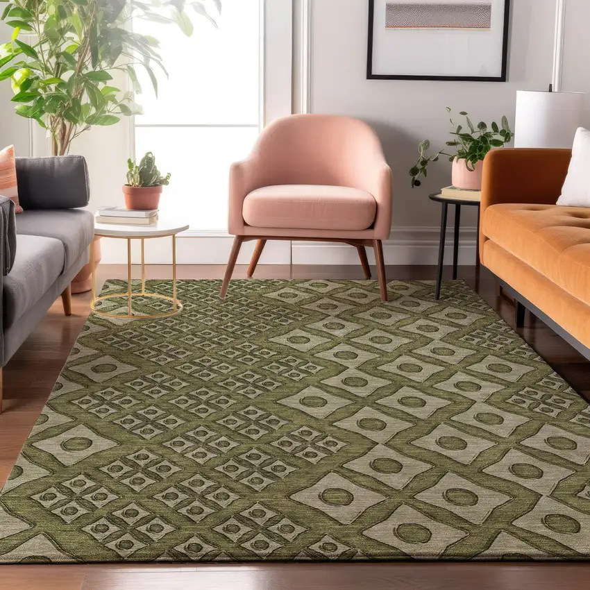 Olive Green And Beige Geometric Washable Area Rug With UV Protection Photo 5
