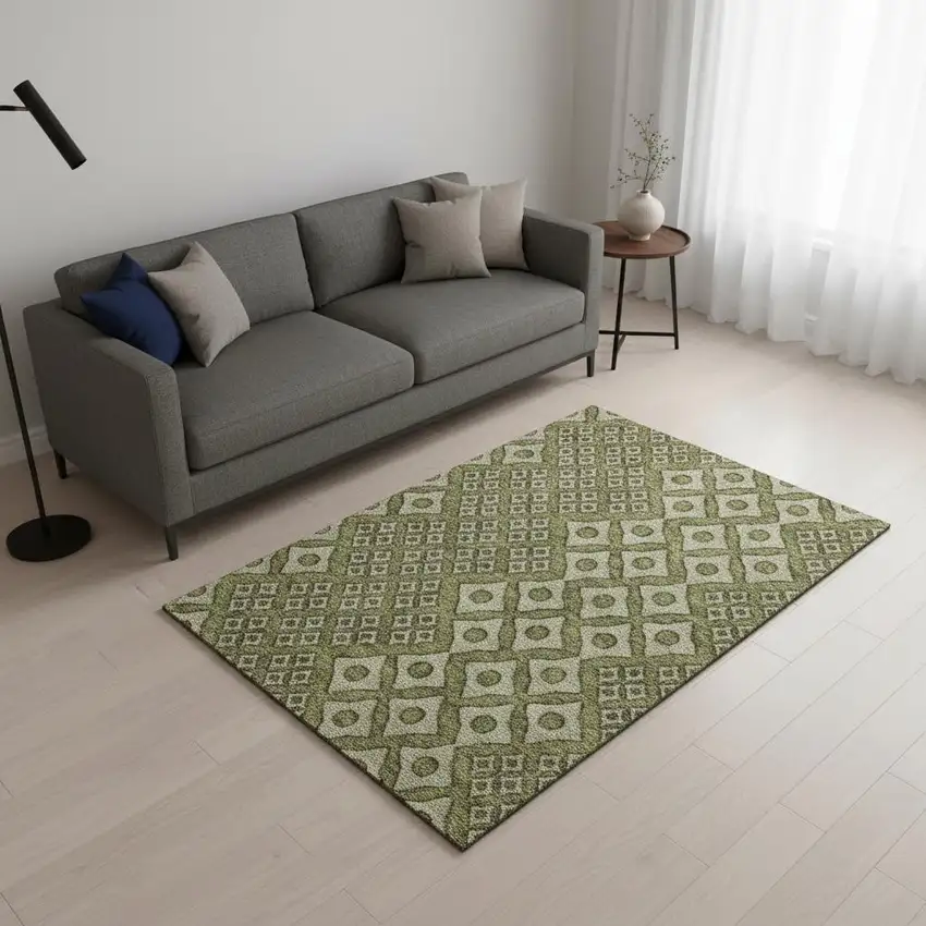 Olive Green And Beige Geometric Washable Area Rug With UV Protection Photo 1