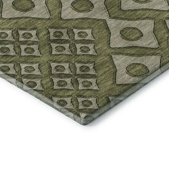 Olive Green And Beige Geometric Washable Area Rug With UV Protection Photo 9