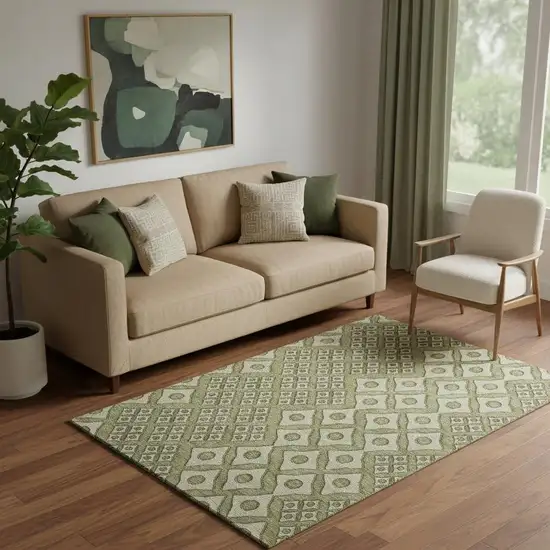 Olive Green And Beige Geometric Washable Area Rug With UV Protection Photo 1