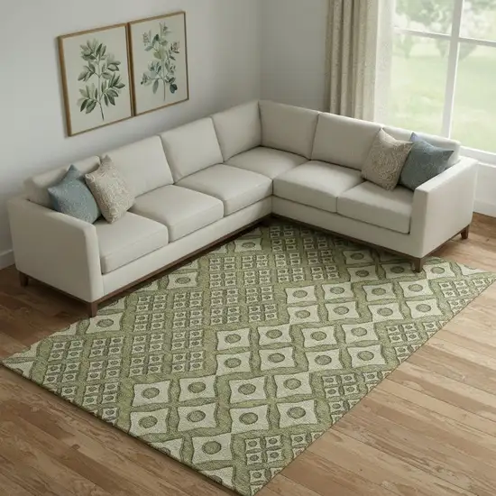 Olive Green And Beige Geometric Washable Area Rug With UV Protection Photo 1