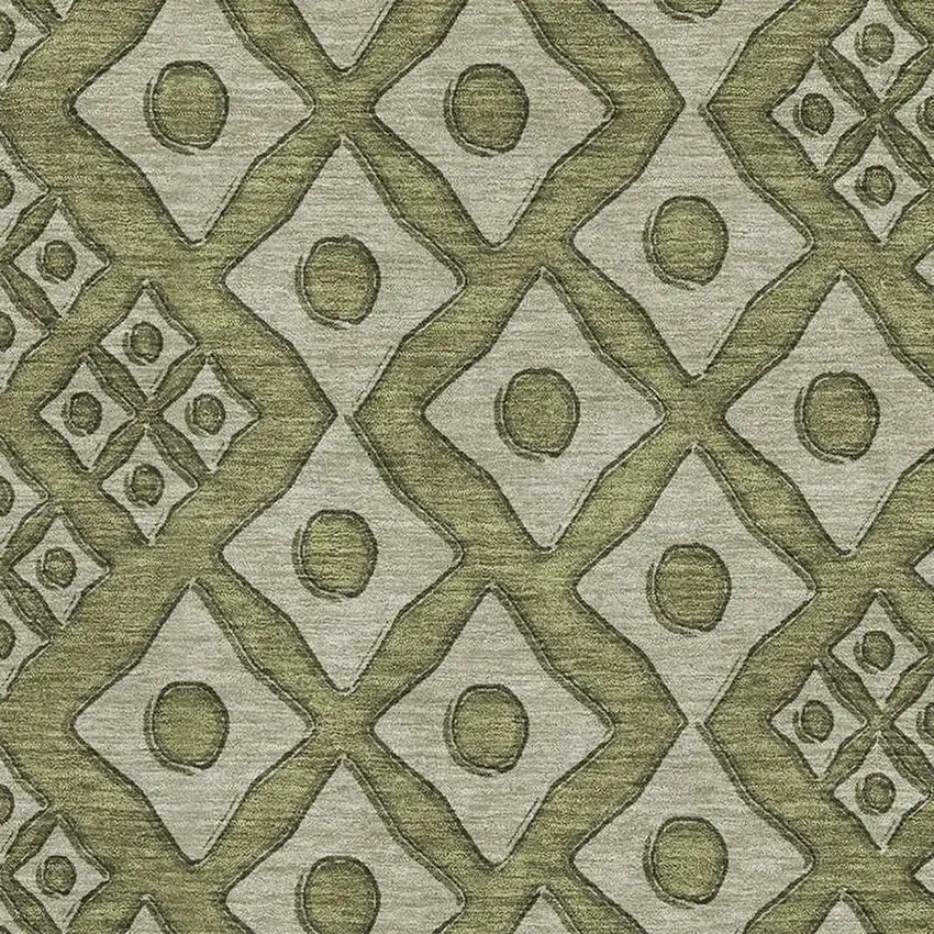 Olive Green And Beige Geometric Washable Area Rug With UV Protection Photo 4