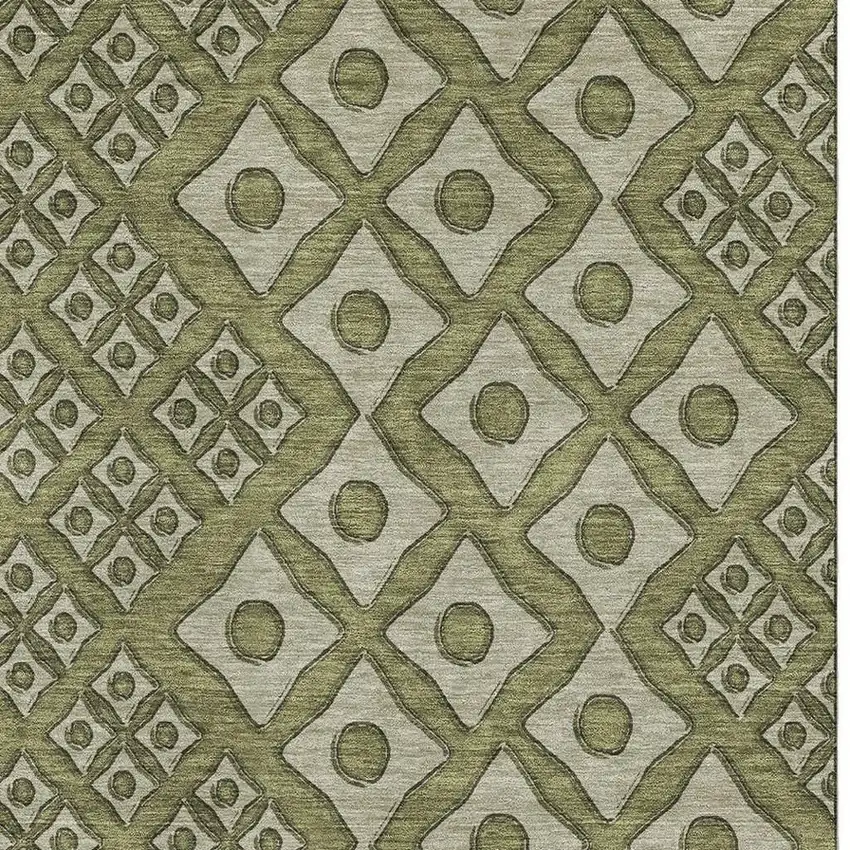 Olive Green And Beige Geometric Washable Area Rug With UV Protection Photo 5