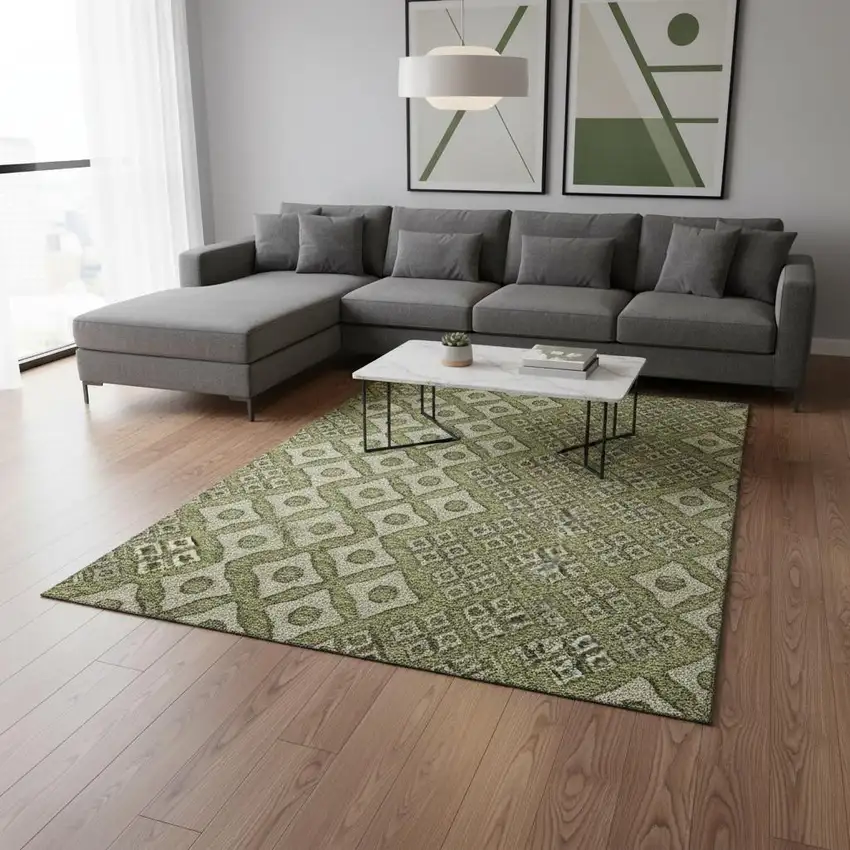 Olive Green And Beige Geometric Washable Area Rug With UV Protection Photo 1