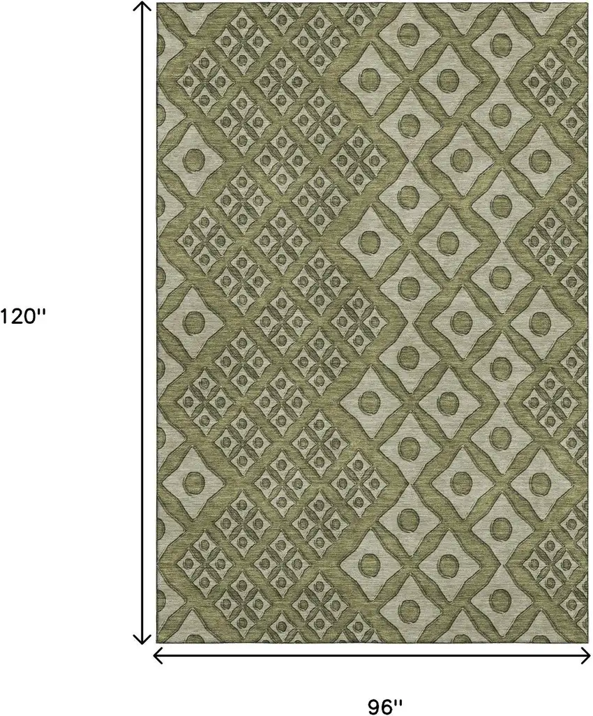 Olive Green And Beige Geometric Washable Area Rug With UV Protection Photo 3