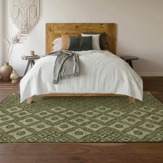 Olive Green And Beige Geometric Washable Area Rug With UV Protection Photo 7