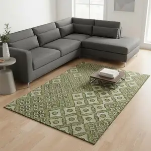 Photo of Olive Green And Beige Geometric Washable Area Rug With UV Protection