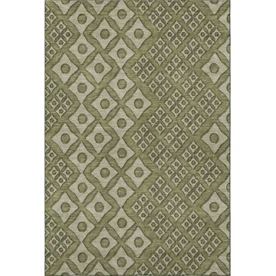Olive Green And Beige Geometric Washable Area Rug With UV Protection Photo 5