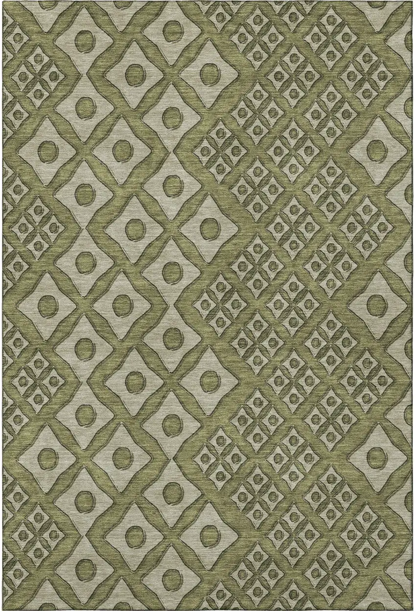 Olive Green And Beige Geometric Washable Area Rug With UV Protection Photo 5