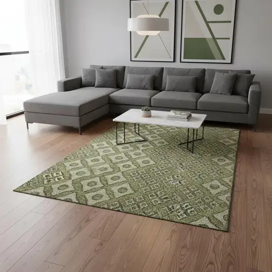 Olive Green And Beige Geometric Washable Area Rug With UV Protection Photo 1