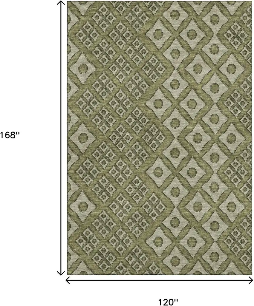Olive Green And Beige Geometric Washable Area Rug With UV Protection Photo 3