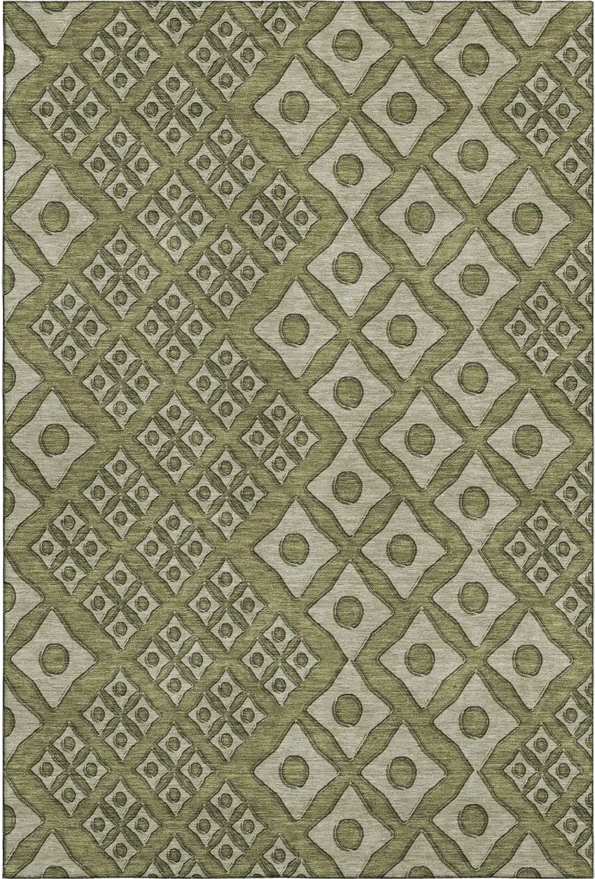 Olive Green And Beige Geometric Washable Area Rug With UV Protection Photo 2