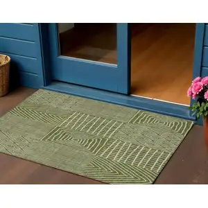 Photo of Olive Green And Beige Geometric Washable Indoor Outdoor Area Rug