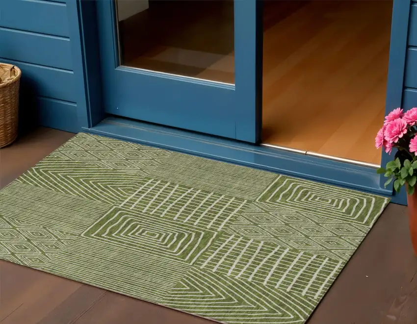 Olive Green And Beige Geometric Washable Indoor Outdoor Area Rug Photo 1