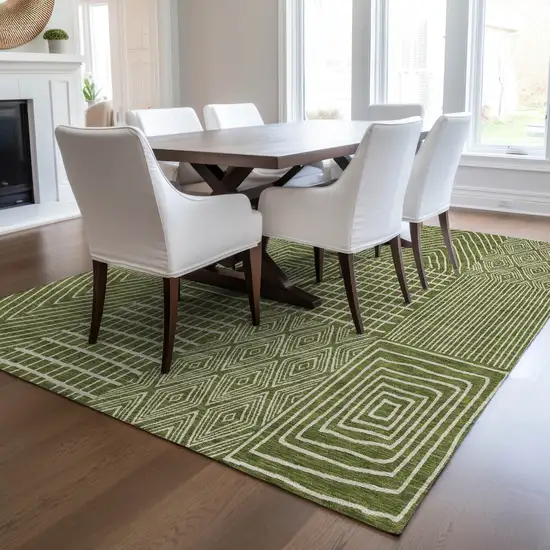 Olive Green And Beige Geometric Washable Indoor Outdoor Area Rug Photo 9