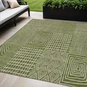Photo of Olive Green And Beige Geometric Washable Indoor Outdoor Area Rug