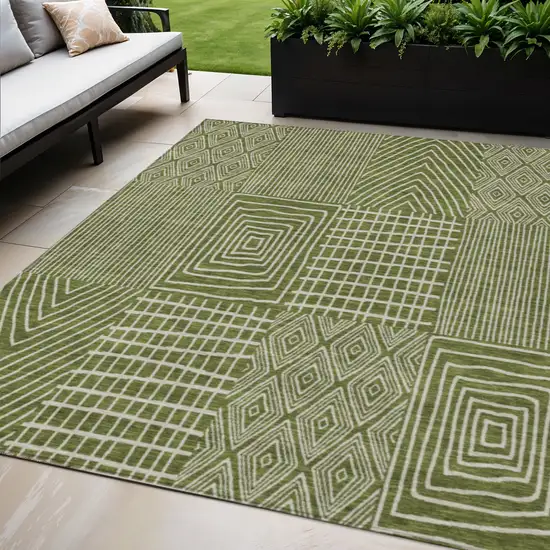 Olive Green And Beige Geometric Washable Indoor Outdoor Area Rug Photo 1