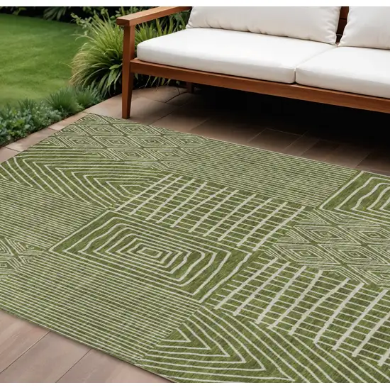 Olive Green And Beige Geometric Washable Indoor Outdoor Area Rug Photo 1