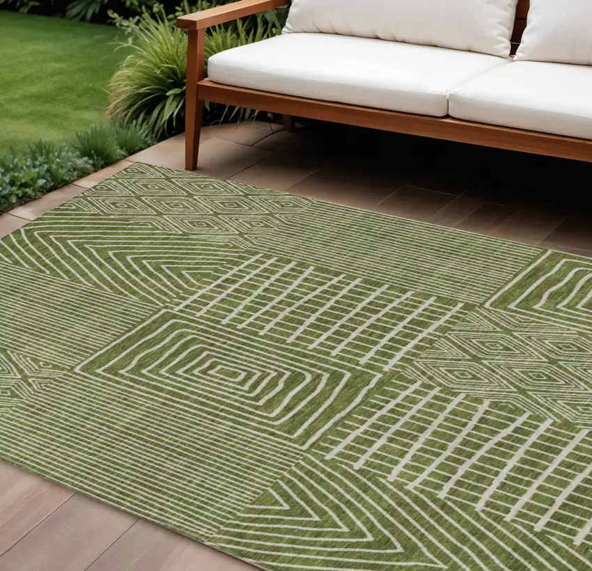 Olive Green And Beige Geometric Washable Indoor Outdoor Area Rug Photo 1