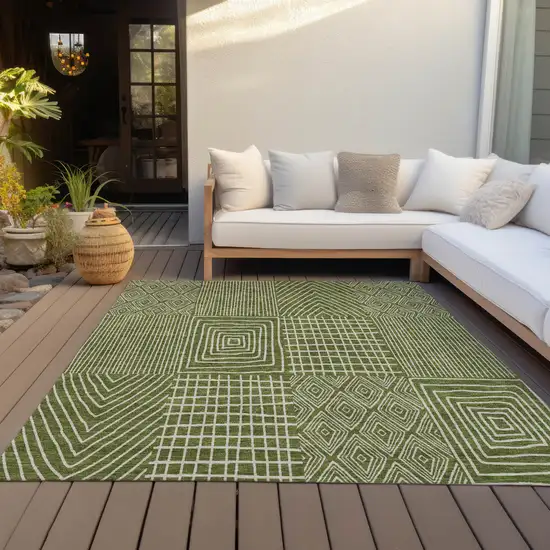 Olive Green And Beige Geometric Washable Indoor Outdoor Area Rug Photo 8