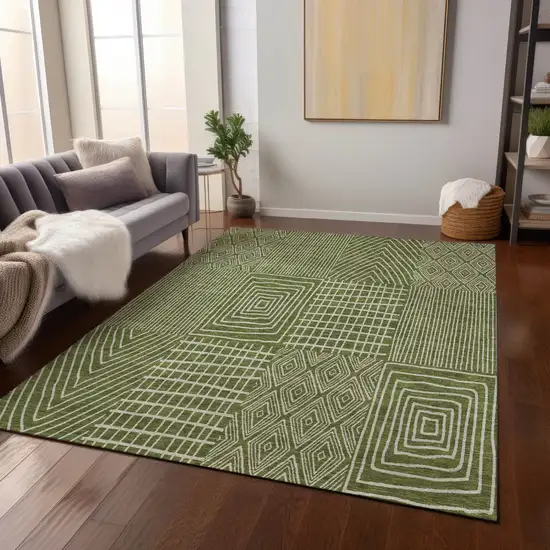 Olive Green And Beige Geometric Washable Indoor Outdoor Area Rug Photo 9