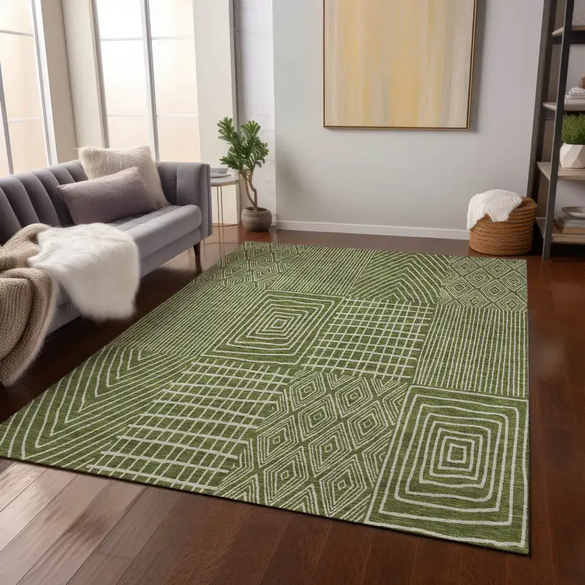 Olive Green And Beige Geometric Washable Indoor Outdoor Area Rug Photo 9
