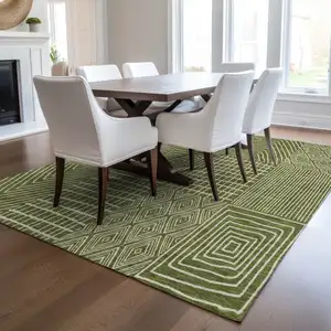 Photo of Olive Green And Beige Geometric Washable Indoor Outdoor Area Rug