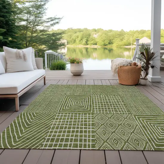 Olive Green And Beige Geometric Washable Indoor Outdoor Area Rug Photo 9