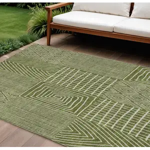 Photo of Olive Green And Beige Geometric Washable Indoor Outdoor Area Rug
