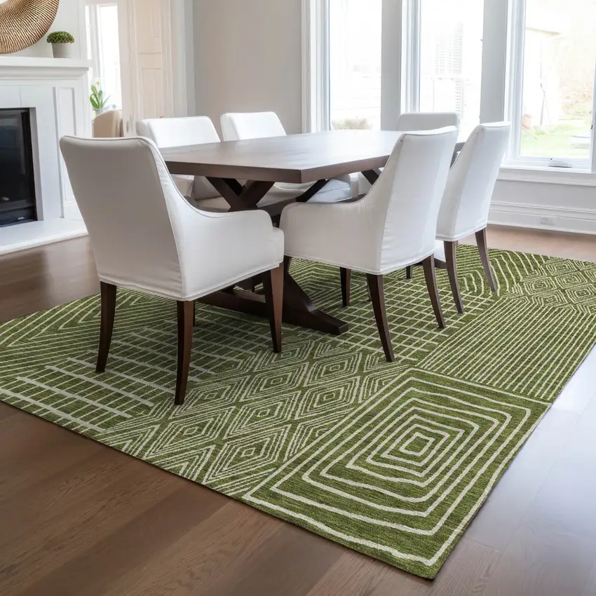 Olive Green And Beige Geometric Washable Indoor Outdoor Area Rug Photo 9