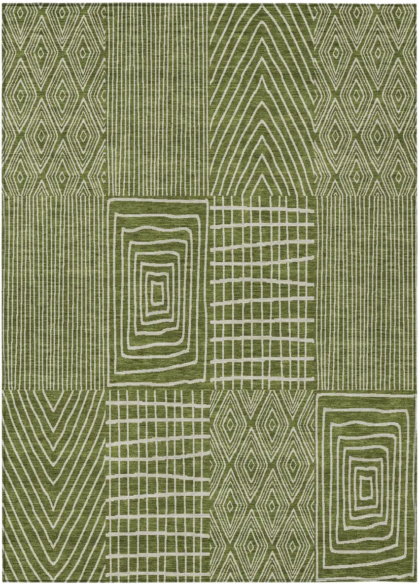 Olive Green And Beige Geometric Washable Indoor Outdoor Area Rug Photo 3