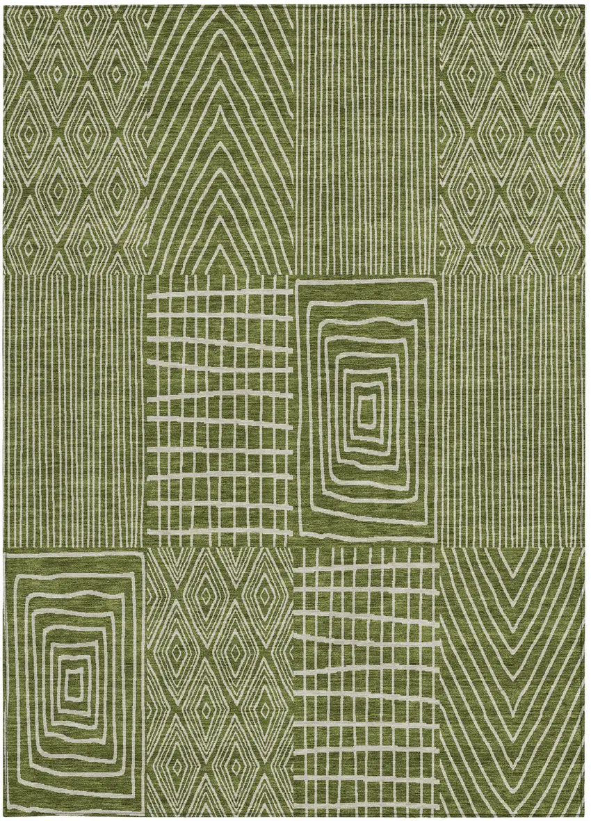 Olive Green And Beige Geometric Washable Indoor Outdoor Area Rug Photo 7
