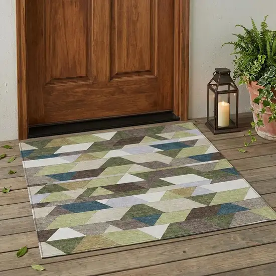 Olive Green And Beige Geometric Washable Indoor Outdoor Area Rug Photo 1