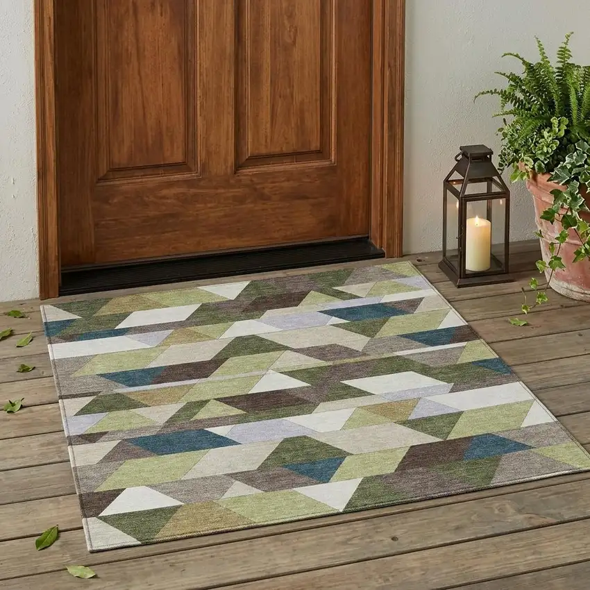 Olive Green And Beige Geometric Washable Indoor Outdoor Area Rug Photo 1