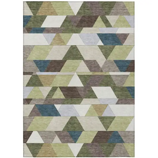 Olive Green And Beige Geometric Washable Indoor Outdoor Area Rug Photo 2
