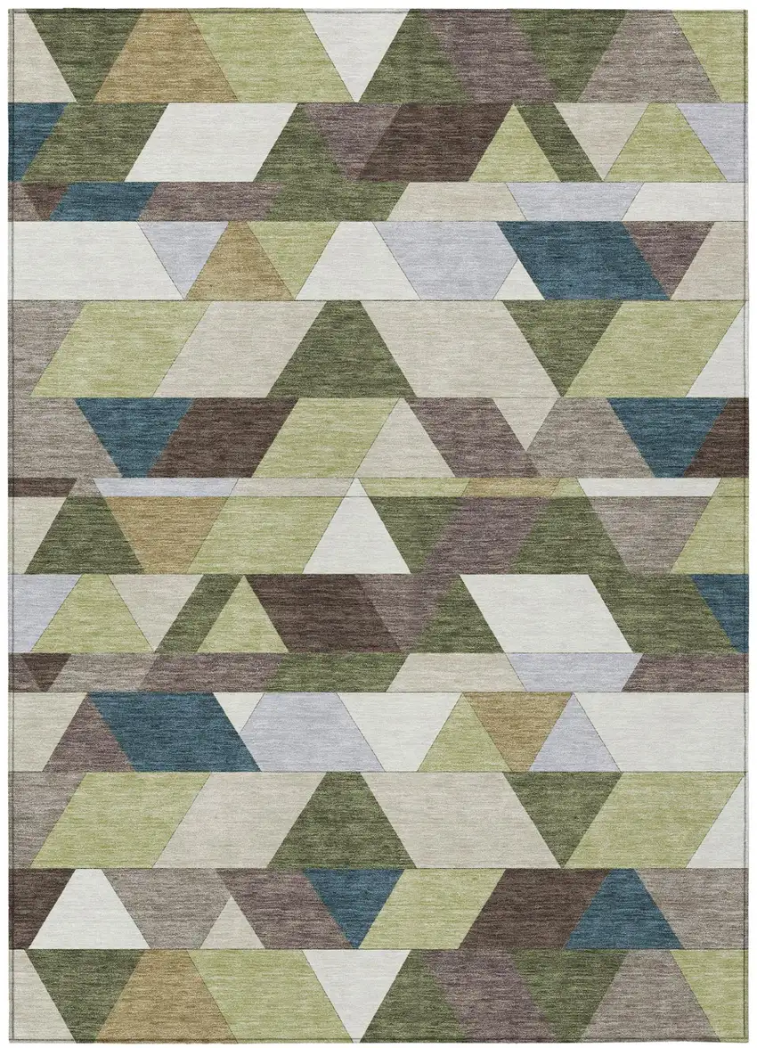 Olive Green And Beige Geometric Washable Indoor Outdoor Area Rug Photo 2