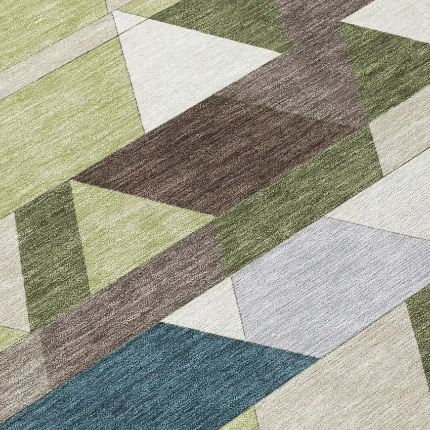 Olive Green And Beige Geometric Washable Indoor Outdoor Area Rug Photo 6