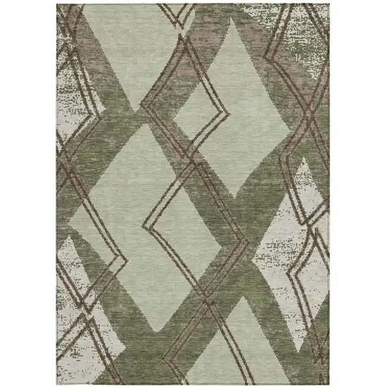 Olive Green And Beige Geometric Washable Indoor Outdoor Area Rug Photo 3