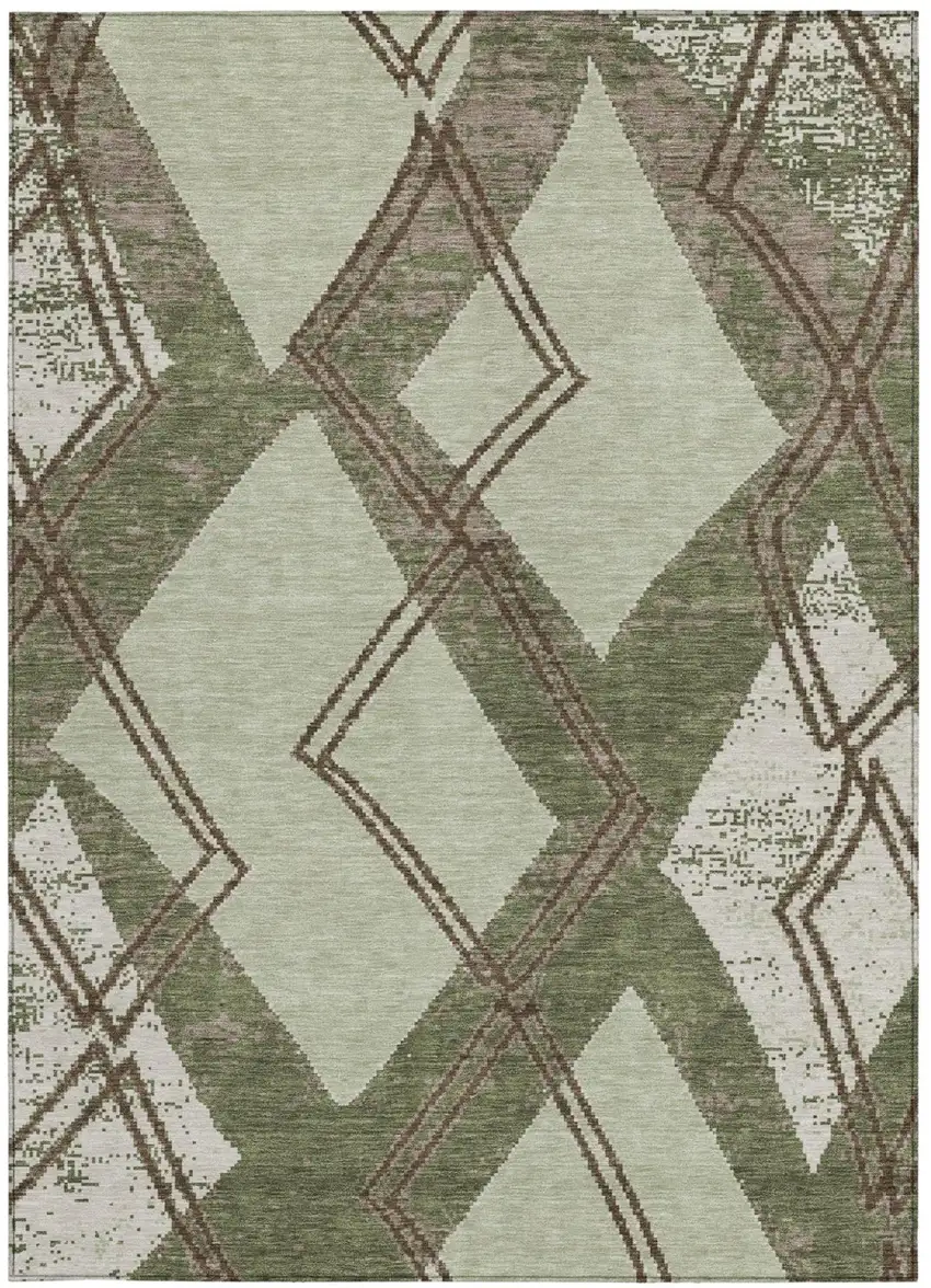 Olive Green And Beige Geometric Washable Indoor Outdoor Area Rug Photo 3